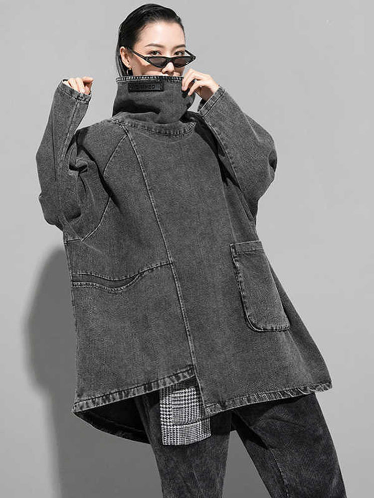 Plus Size Loose Fit Denim Sweatshirt For Women Black High Collar Long Sleeve Top For Big Size Fashi 1