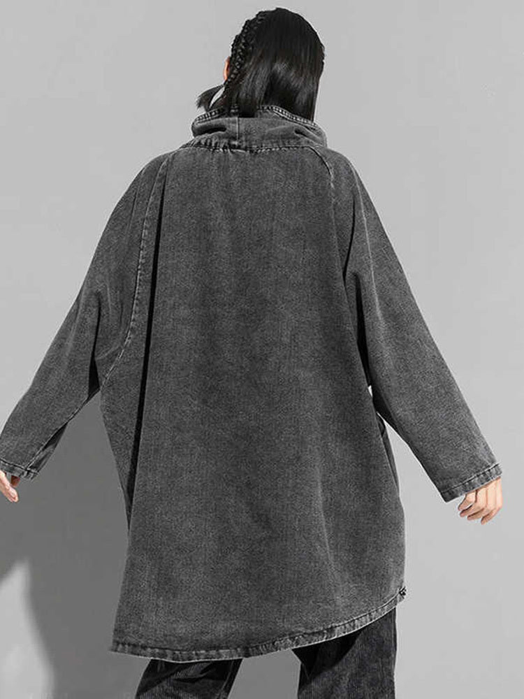 Plus Size Loose Fit Denim Sweatshirt For Women Black High Collar Long Sleeve Top For Big Size Fashi 2
