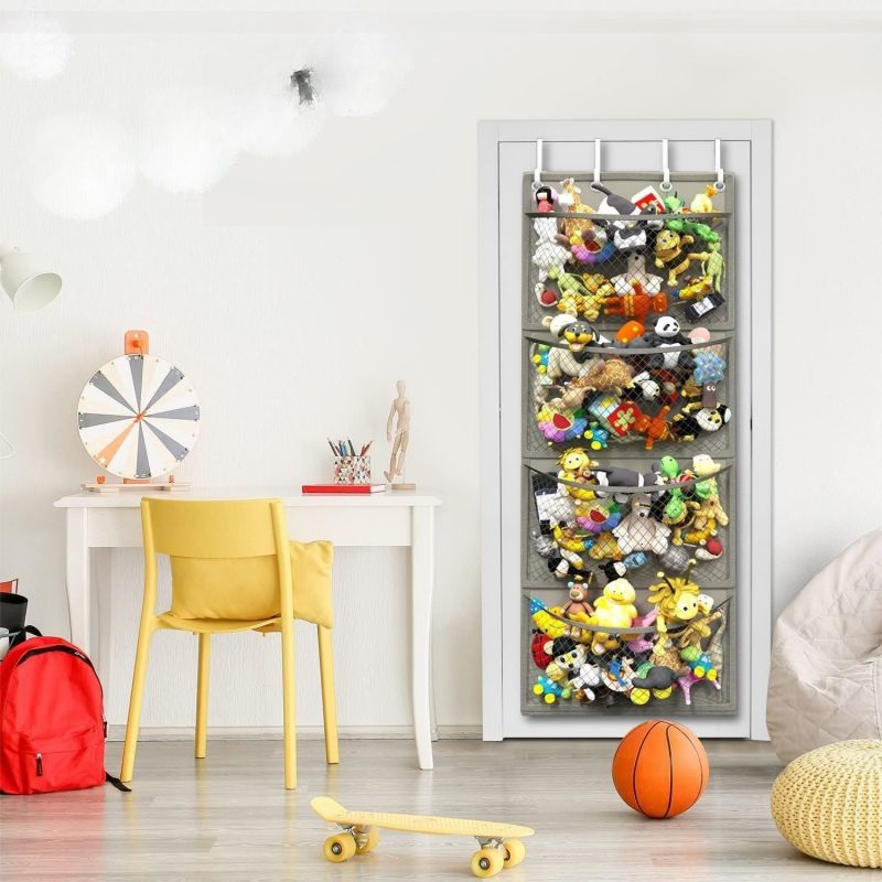 Stuffed Animal Storage Organizer Hanging Mesh Bag With 4 Metal Hooks 4 Large Pockets Baby Plush Toy 1