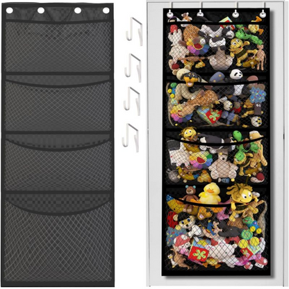 Stuffed Animal Storage Organizer Hanging Mesh Bag With 4 Metal Hooks 4 Large Pockets Baby Plush Toy 4