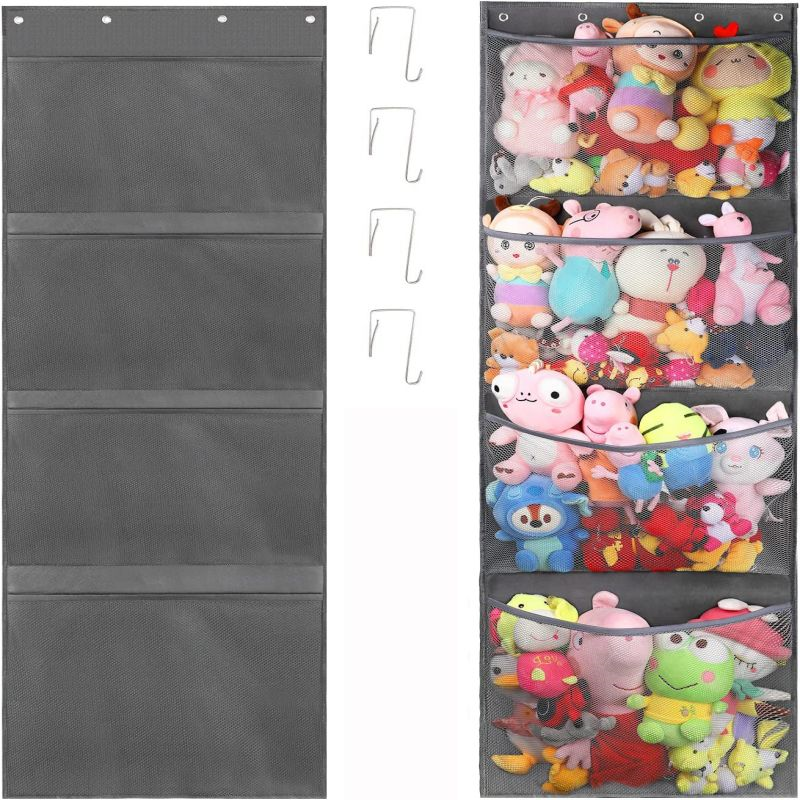 Stuffed Animal Storage Organizer Hanging Mesh Bag With 4 Metal Hooks 4 Large Pockets Baby Plush Toy 5