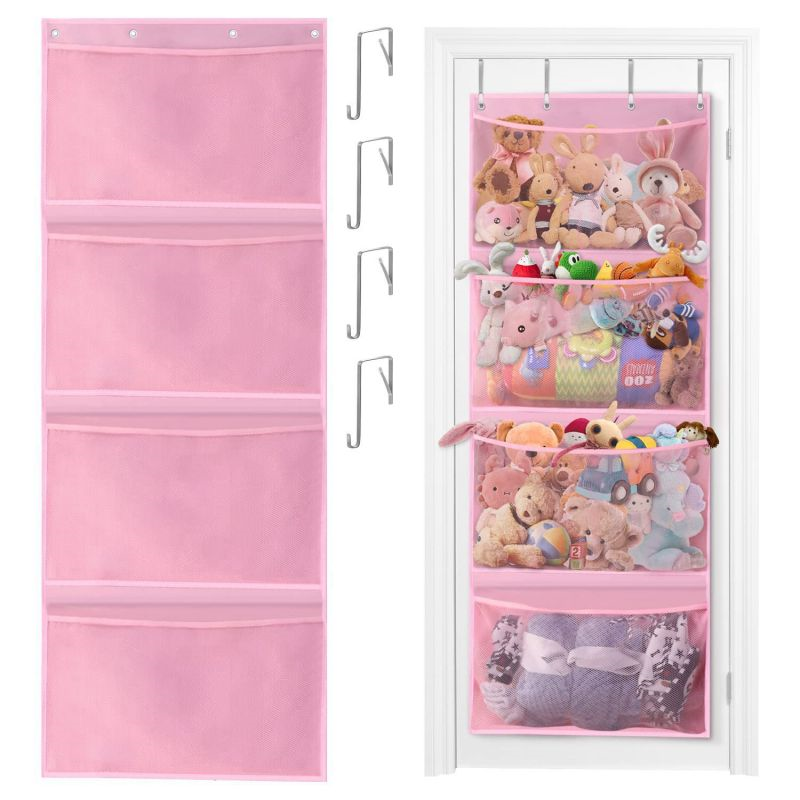 Stuffed Animal Storage Organizer Hanging Mesh Bag With 4 Metal Hooks 4 Large Pockets Baby Plush Toy 6
