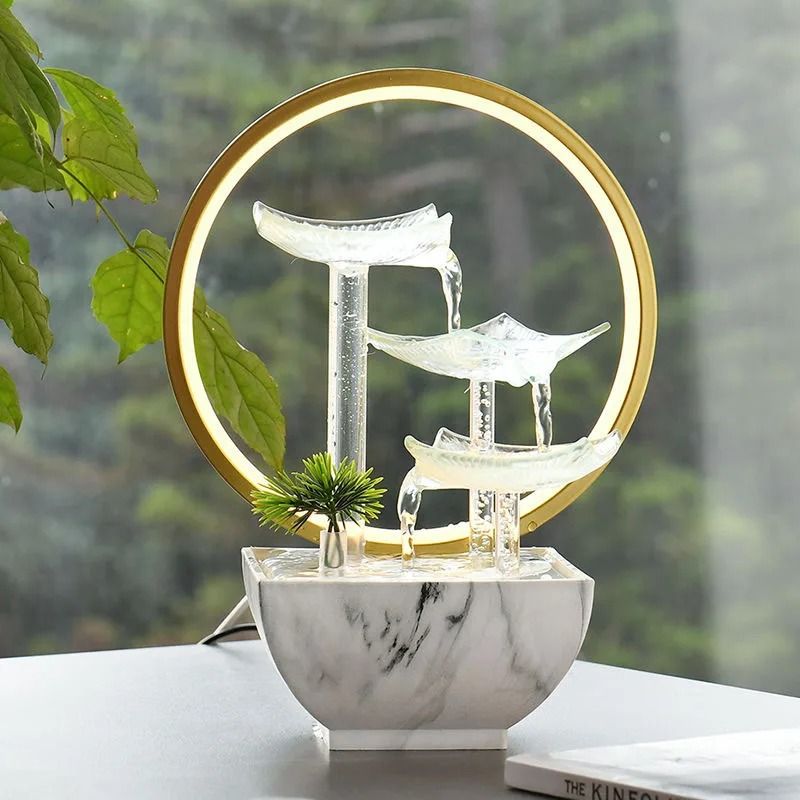 Glass Lotus Tabletop Zen Water Fountain With LED Light For Home Office Decor 2