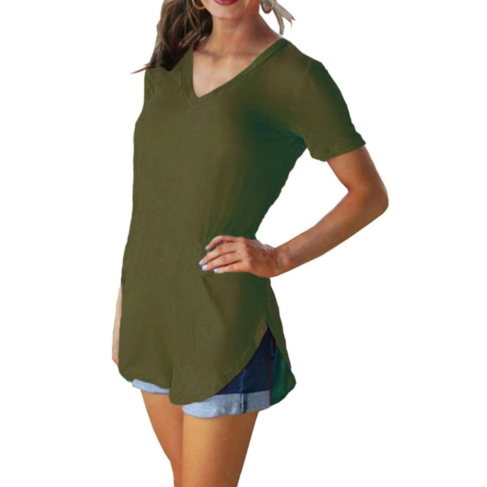 Summer Solid Color V Neck Short Sleeve Loose Hem Arc Blouse For Women 10