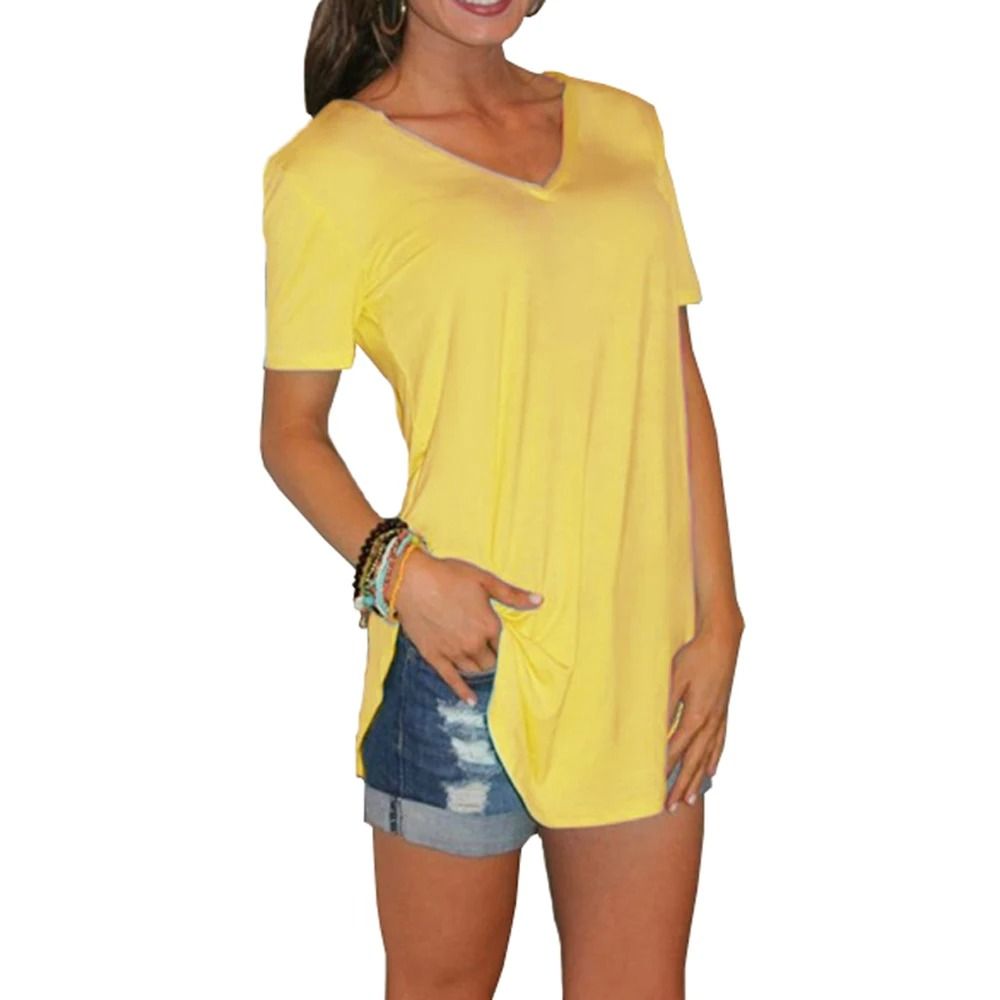 Summer Solid Color V Neck Short Sleeve Loose Hem Arc Blouse For Women 13