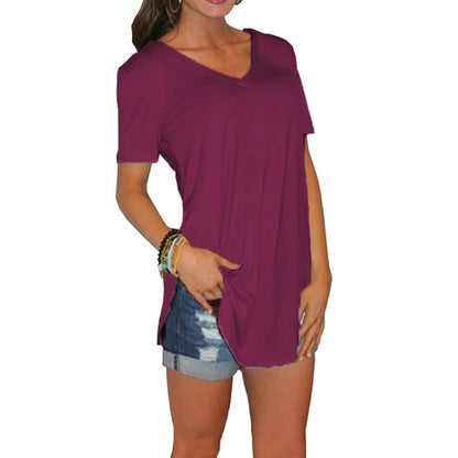 Summer Solid Color V Neck Short Sleeve Loose Hem Arc Blouse For Women 14