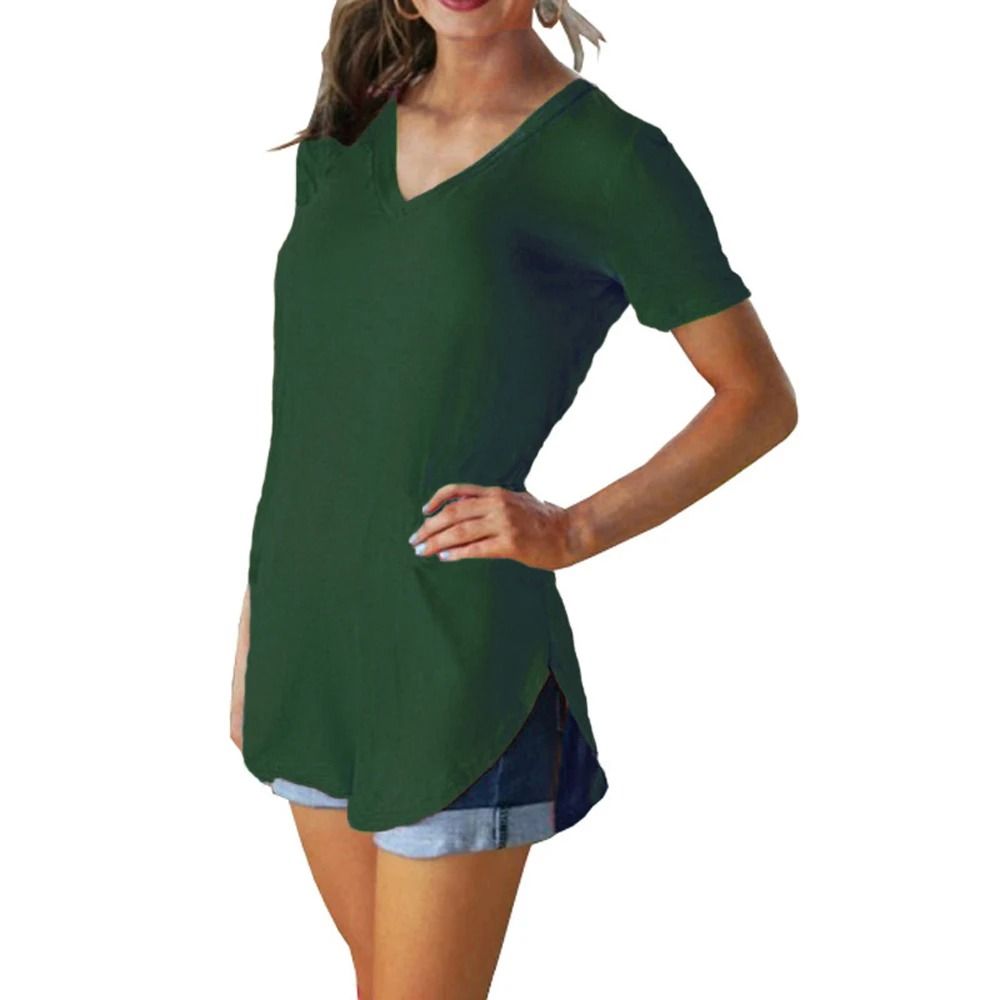Summer Solid Color V Neck Short Sleeve Loose Hem Arc Blouse For Women 15