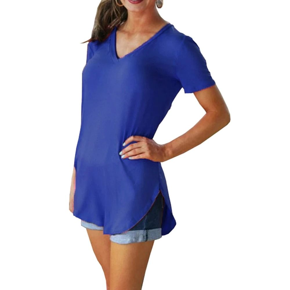 Summer Solid Color V Neck Short Sleeve Loose Hem Arc Blouse For Women 16