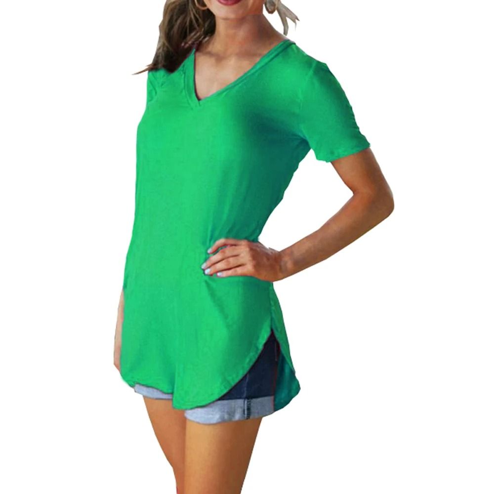 Summer Solid Color V Neck Short Sleeve Loose Hem Arc Blouse For Women 3