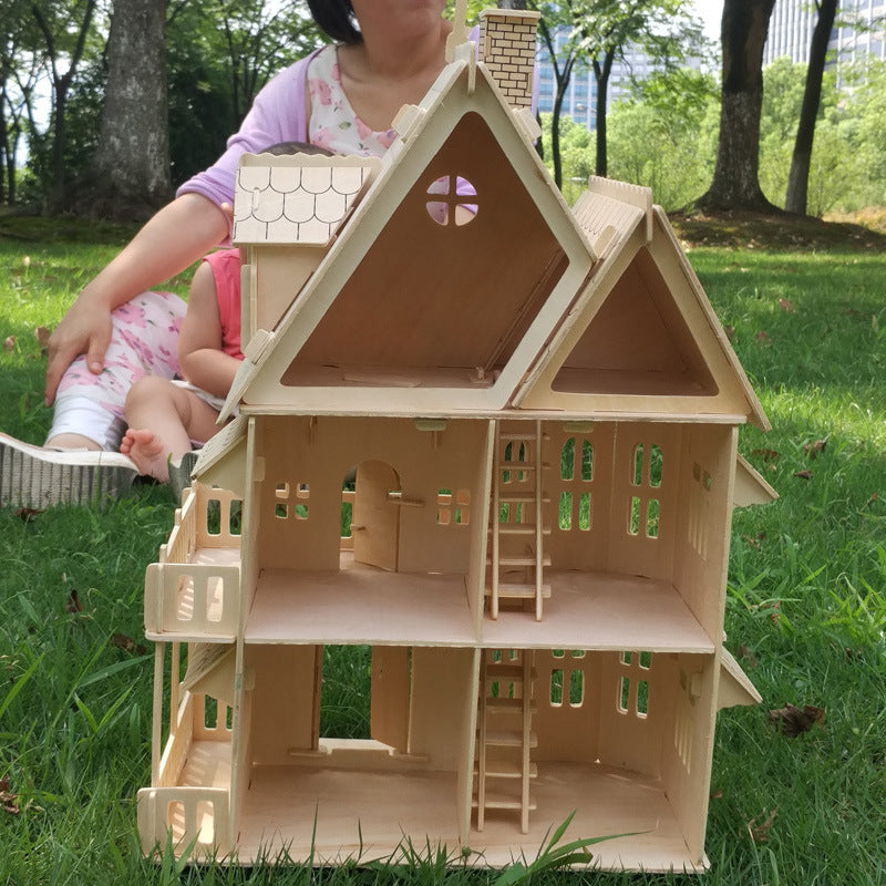 DIY Doll House Villa Model Assembled Miniature Dollhouse, Wood 3D Puzzle House, Pretend Play Educational Toys