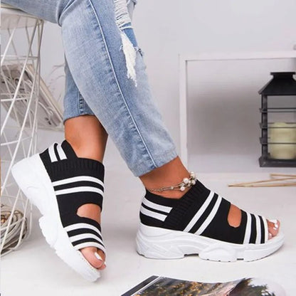 Knit Slip On Peep Toe Platform Sandals For Women 3