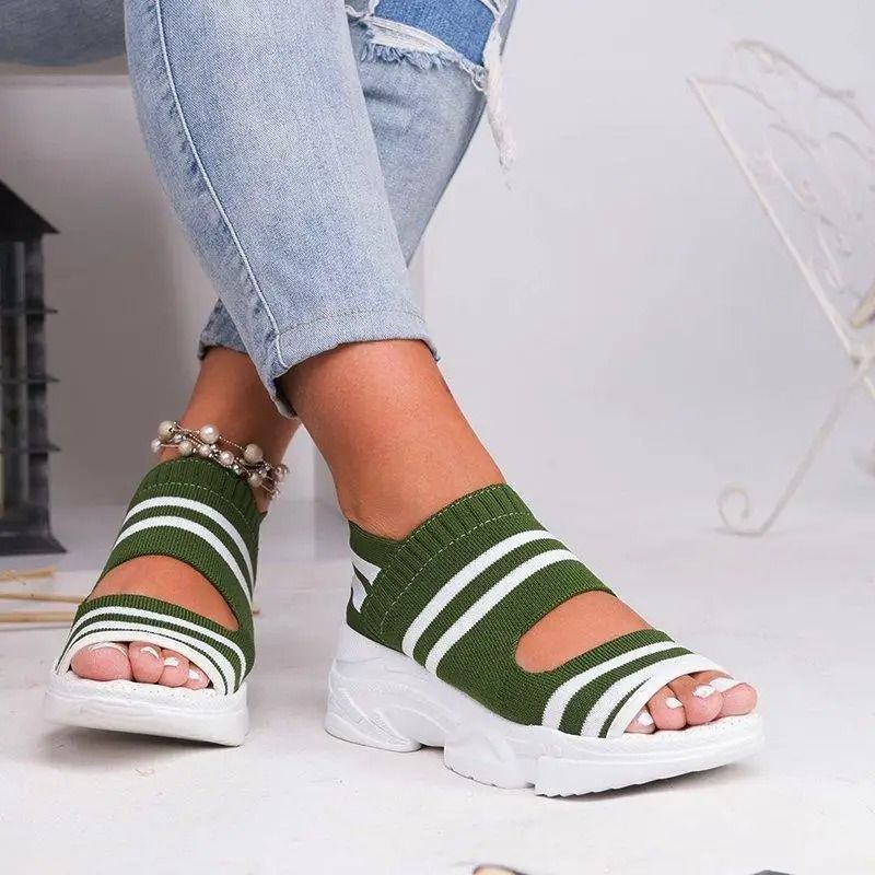 Knit Slip On Peep Toe Platform Sandals For Women 9