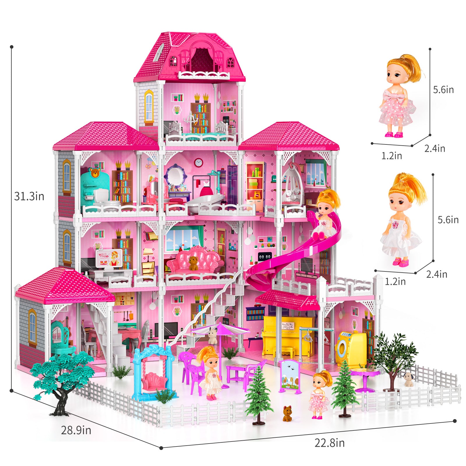 Girls Doll House With 2 Dolls, Pretend Play Villa Kids Toys For 3-8 Ages, Accessories Slide Birthday Gifts