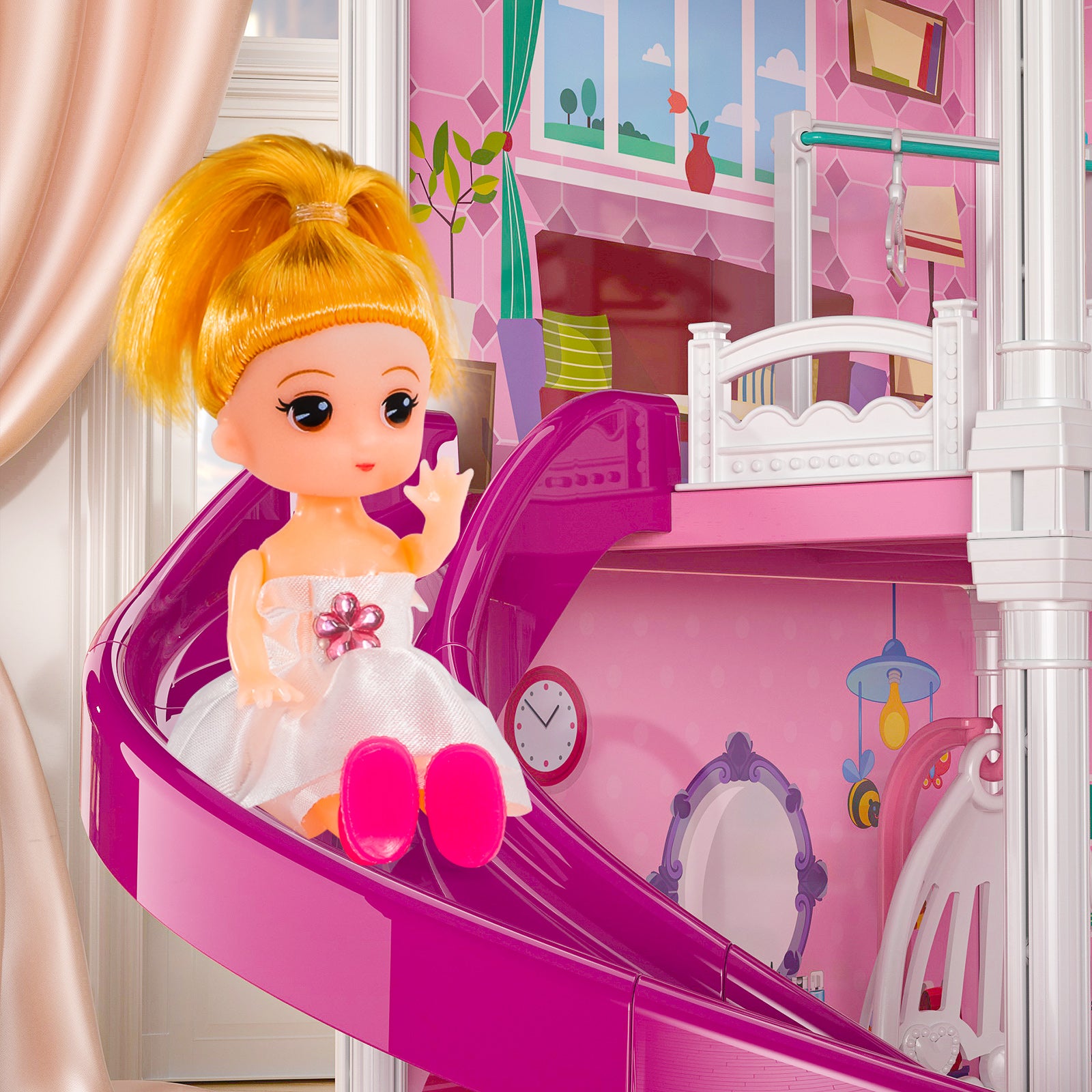 Girls Doll House With 2 Dolls, Pretend Play Villa Kids Toys For 3-8 Ages, Accessories Slide Birthday Gifts