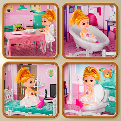 Girls Doll House With 2 Dolls, Pretend Play Villa Kids Toys For 3-8 Ages, Accessories Slide Birthday Gifts