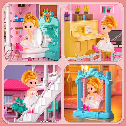 Girls Doll House With 2 Dolls, Pretend Play Villa Kids Toys For 3-8 Ages, Accessories Slide Birthday Gifts