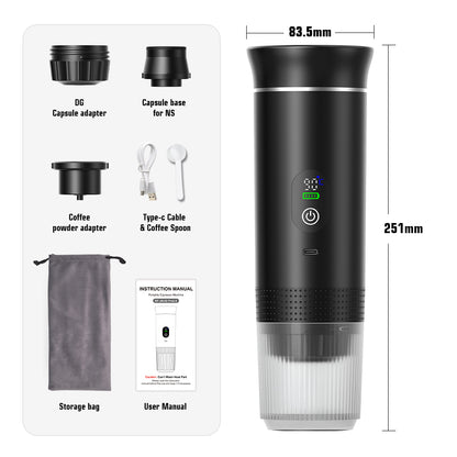 Wireless Electric Portable Espresso Machine, 20Bar 3-in-1 Coffee Maker for Nespresso Capsules, Ground Coffee, Travel