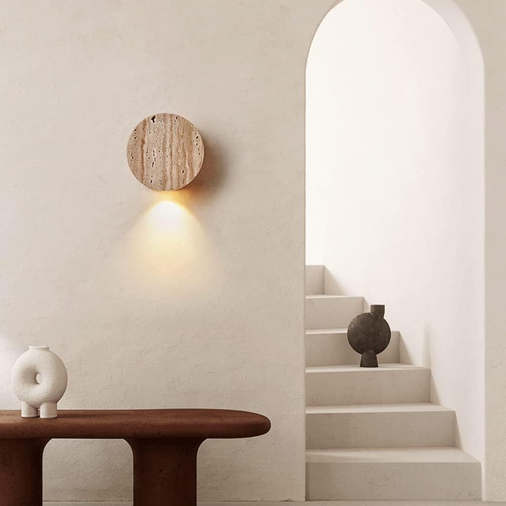 Natural Yellow Travertine LED Wall Lamp, Wabi-Sabi Bedroom Light for Bedside, Living Room, Hallway & Staircase Ambiance