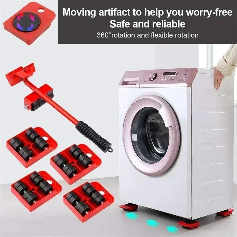 5Pcs/set Professional Furniture Mover Tool Set, Heavy Duty Moving Roller with Lifting Bar, Wheels for Effortless