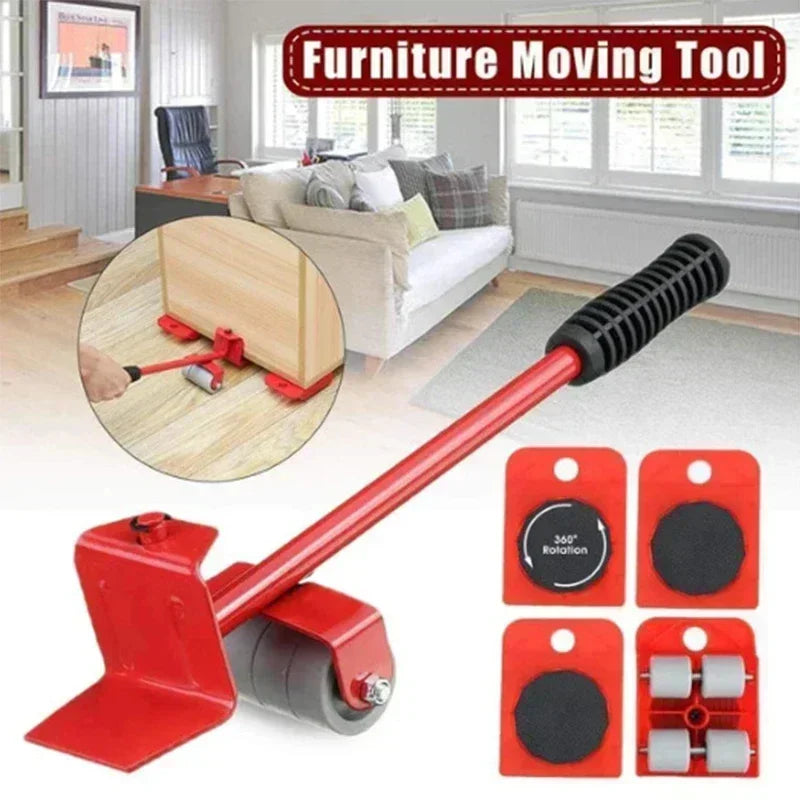 5Pcs/set Professional Furniture Mover Tool Set, Heavy Duty Moving Roller with Lifting Bar, Wheels for Effortless