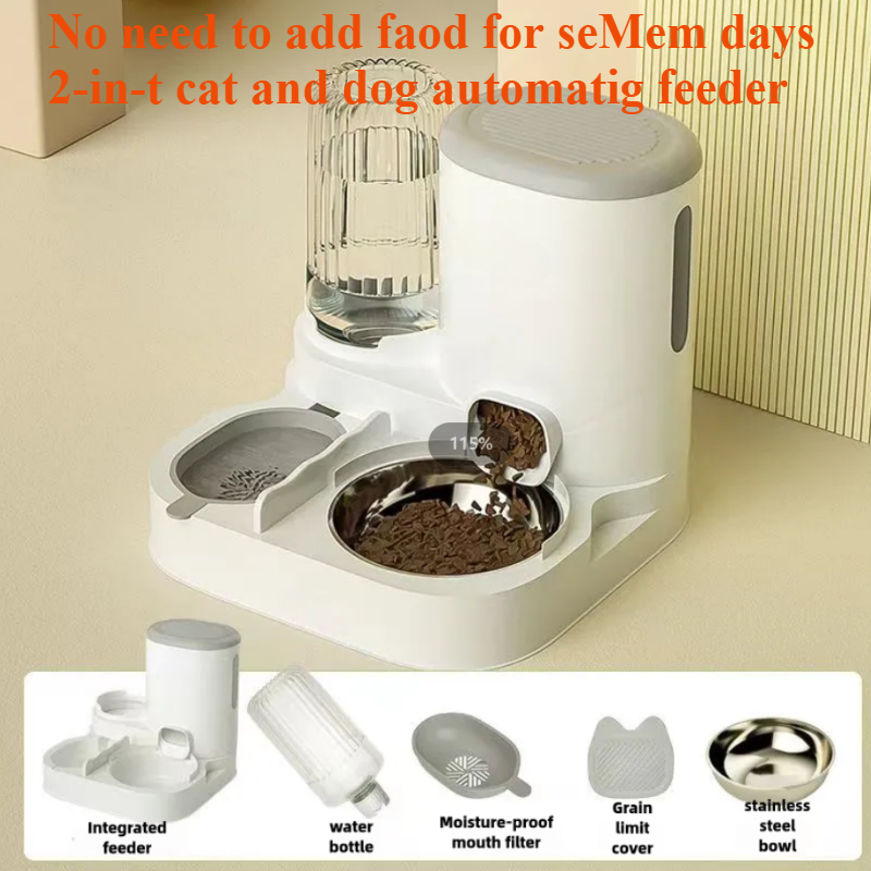 2-in-1 Automatic Cat Feeder and Water Dispenser, Integrated Food, Water Bowl for Cats and Small Dogs