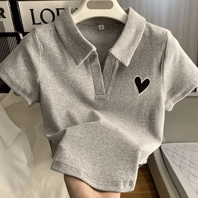 Embroidered Polo Collar Crop Top For Women Casual Korean Fashion 1
