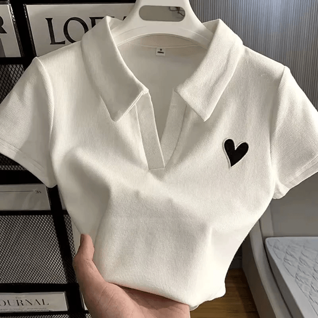 Embroidered Polo Collar Crop Top For Women Casual Korean Fashion 2