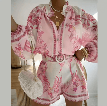 Summer Getaway High Waist Print Shorts Set Womens Lantern Sleeve Top And Casual Vacation Outfit 1