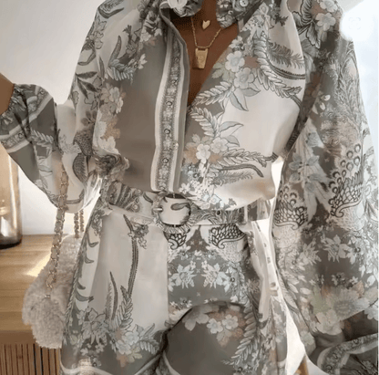 Summer Getaway High Waist Print Shorts Set Womens Lantern Sleeve Top And Casual Vacation Outfit 2