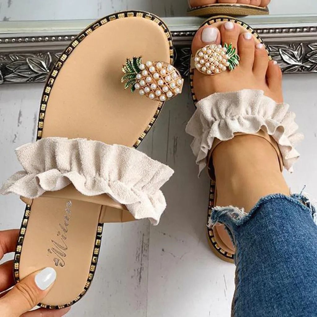 Bohemian Flat Sandals With Pineapple Pearl Accent 9