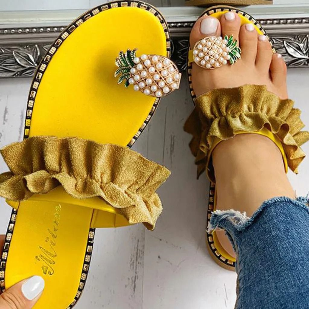 Bohemian Flat Sandals With Pineapple Pearl Accent 8