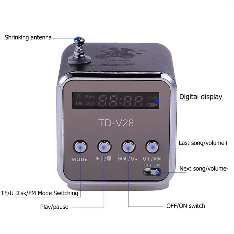 VIKEFON TDV26 Mini Bluetooth Speaker With FM Radio  Portable Stereo Music Player With TF Card  AUX 2