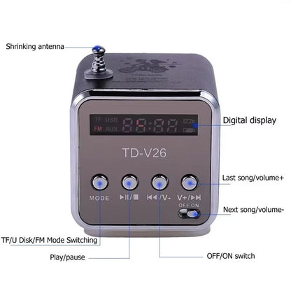 VIKEFON TDV26 Mini Bluetooth Speaker With FM Radio  Portable Stereo Music Player With TF Card  AUX 2
