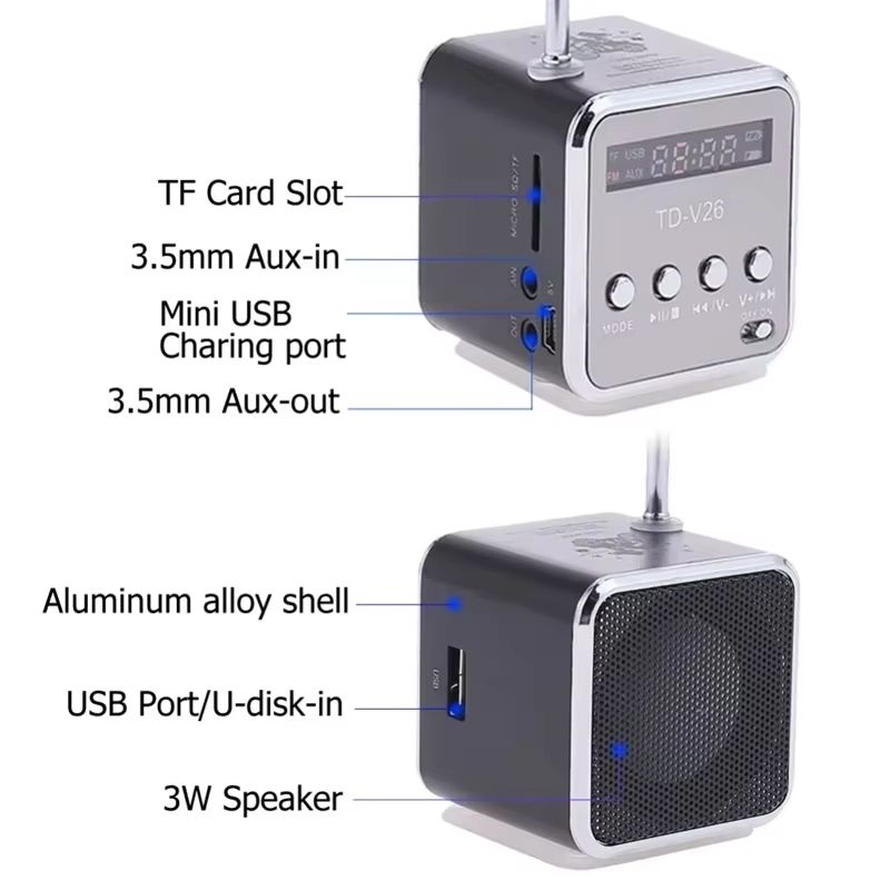 VIKEFON TDV26 Mini Bluetooth Speaker With FM Radio  Portable Stereo Music Player With TF Card  AUX 3