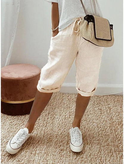 WomenS Cotton Linen Summer Shorts  Elastic Waist Casual Pants With Pockets Lightweight 5Quarter Des 10