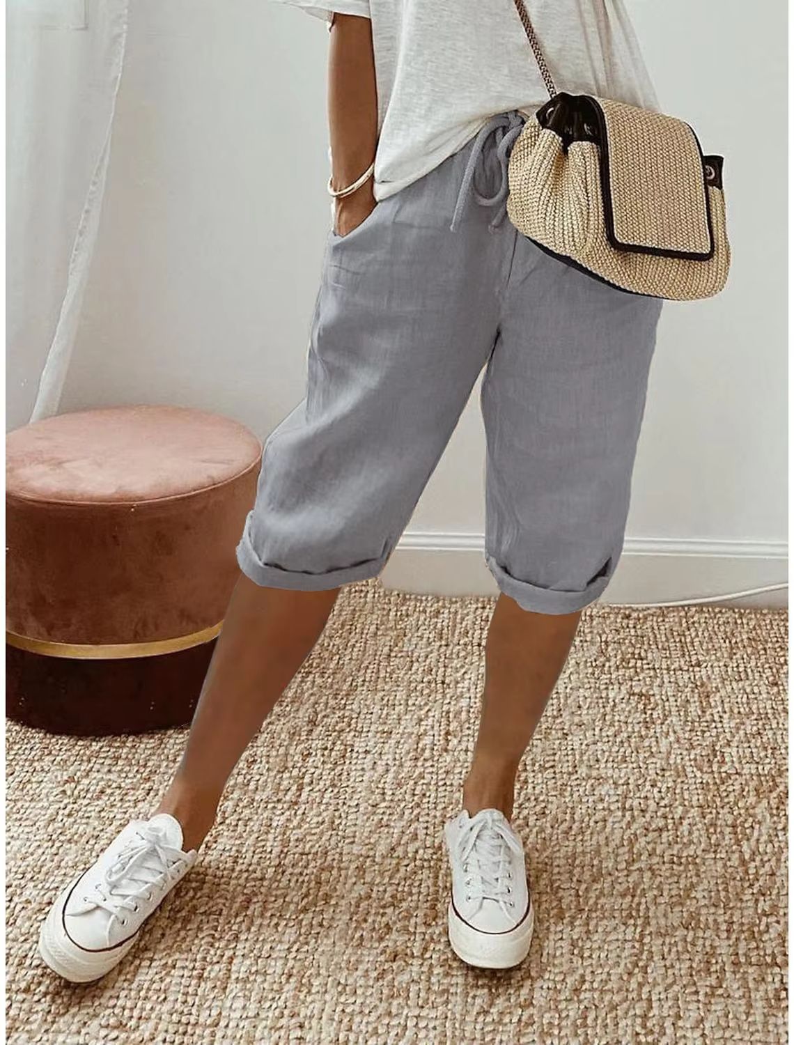 WomenS Cotton Linen Summer Shorts  Elastic Waist Casual Pants With Pockets Lightweight 5Quarter Des 14