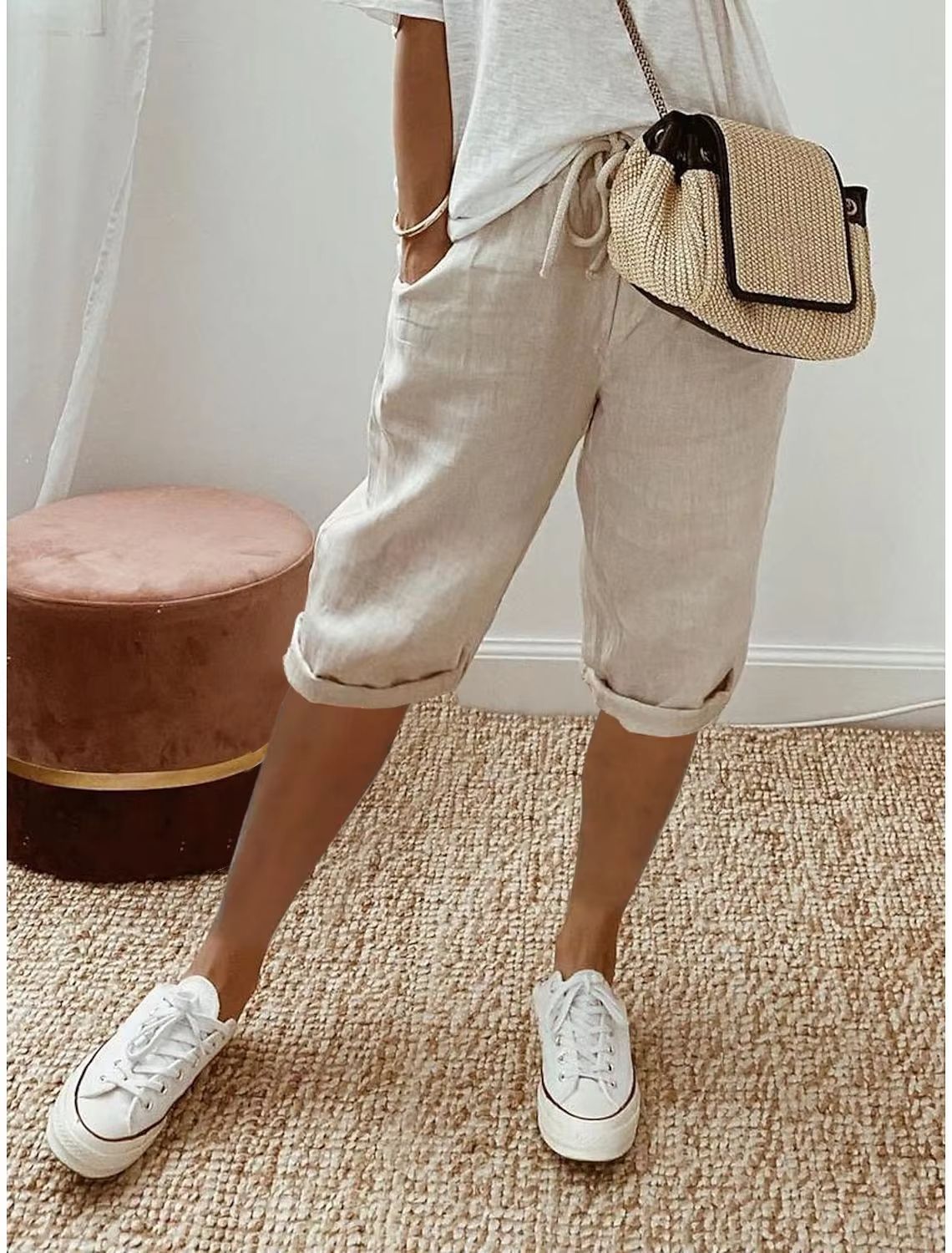 WomenS Cotton Linen Summer Shorts  Elastic Waist Casual Pants With Pockets Lightweight 5Quarter Des 15