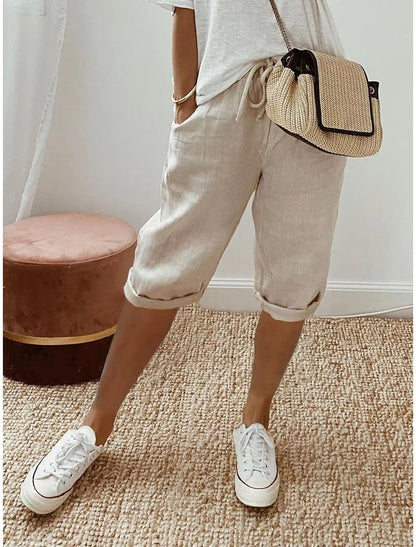 WomenS Cotton Linen Summer Shorts  Elastic Waist Casual Pants With Pockets Lightweight 5Quarter Des 15