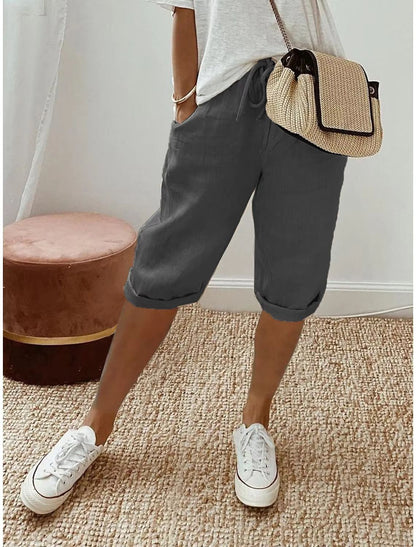 WomenS Cotton Linen Summer Shorts  Elastic Waist Casual Pants With Pockets Lightweight 5Quarter Des 16
