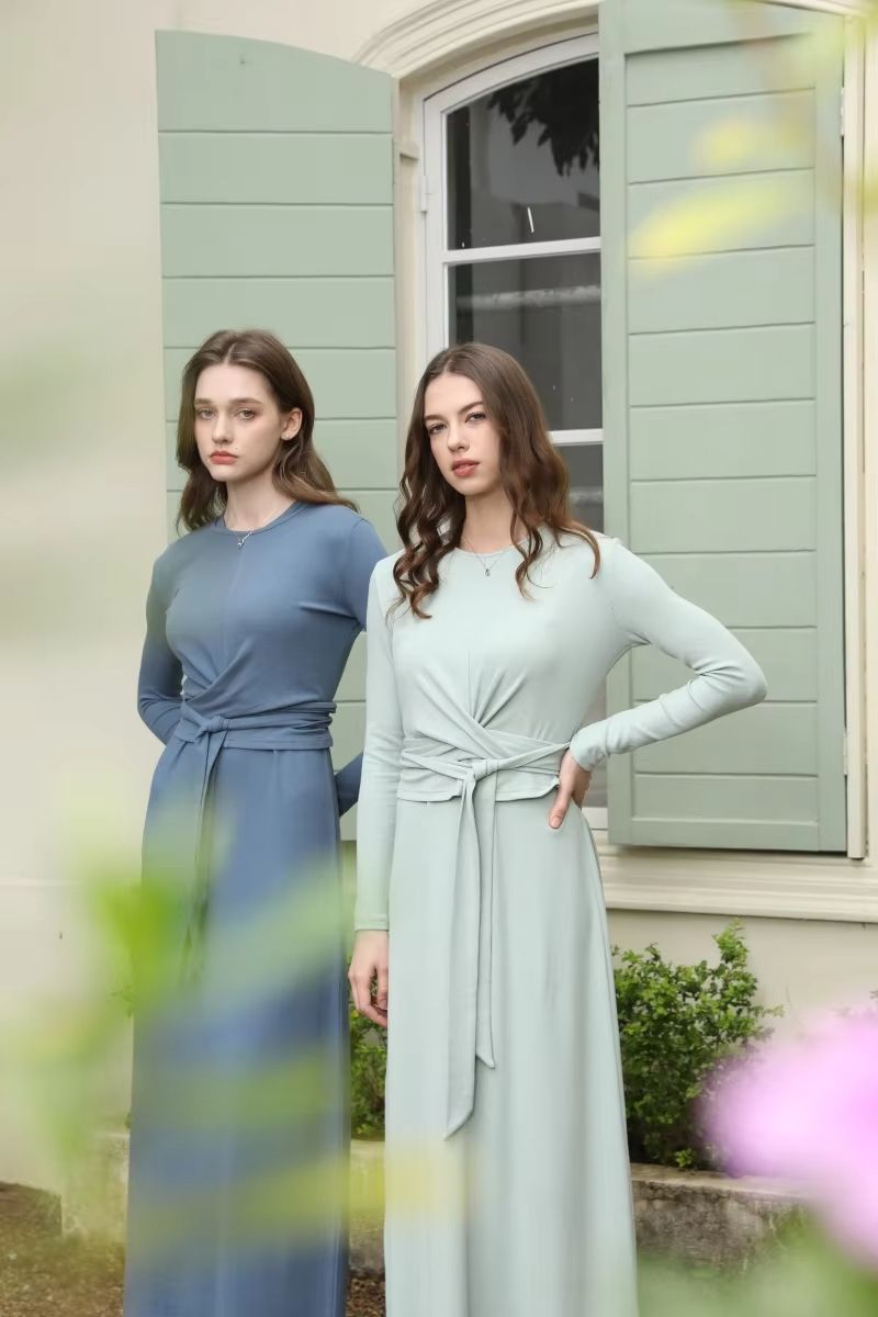 Womens Summer Matching Set  Ribbed Wrap Top  HighStretch ALine Dress 2