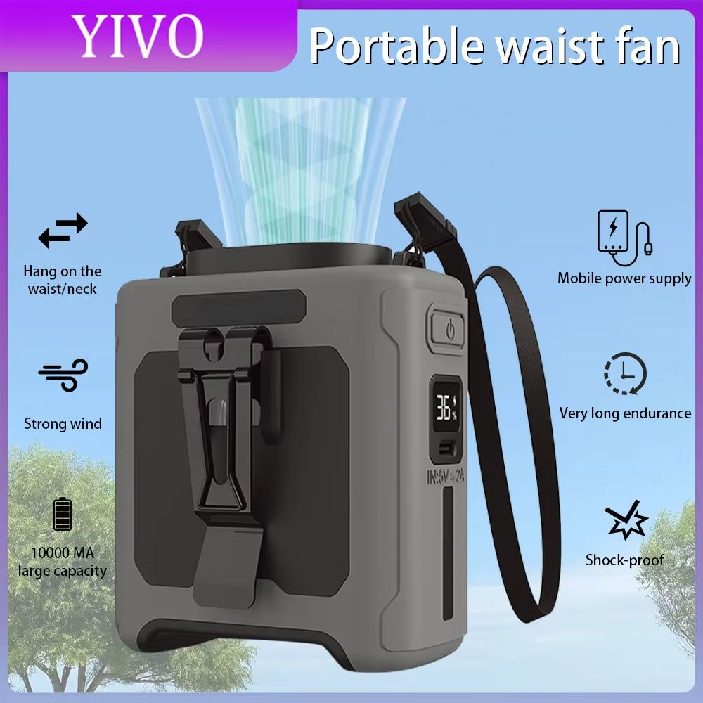 10000mAh Hands-Free Waist Fan with 5 Speeds & LED Light – Long-Lasting Wearable Neck Fan for Outdoor Work and Travel