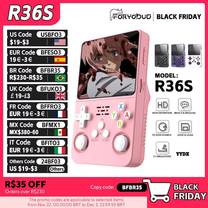 R36S Retro Handheld Gaming Console – 3.5" IPS Screen, Linux OS, 64GB Storage with 15,000 Preloaded Games
