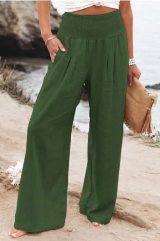 Womens Casual Drawstring Pants Mid Waist Wide Leg Lightweight Summer Beachwear 2