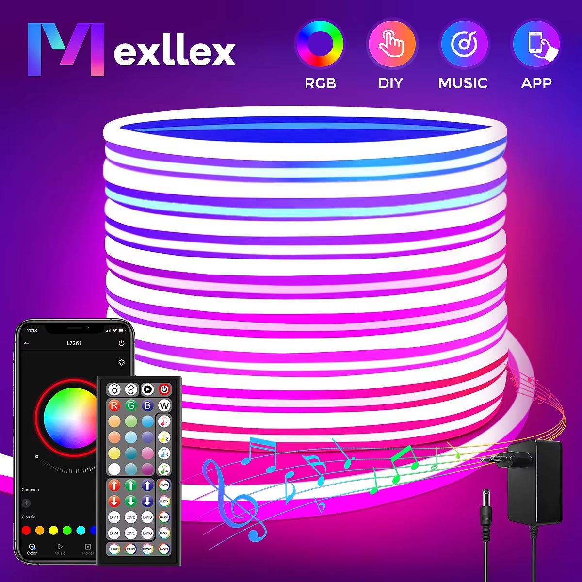Mexllex Waterproof RGB Neon Light Strip 65.62ft / 98.43ft with App & Remote, Music Sync LED Lights for Bedroom, Outdoor,