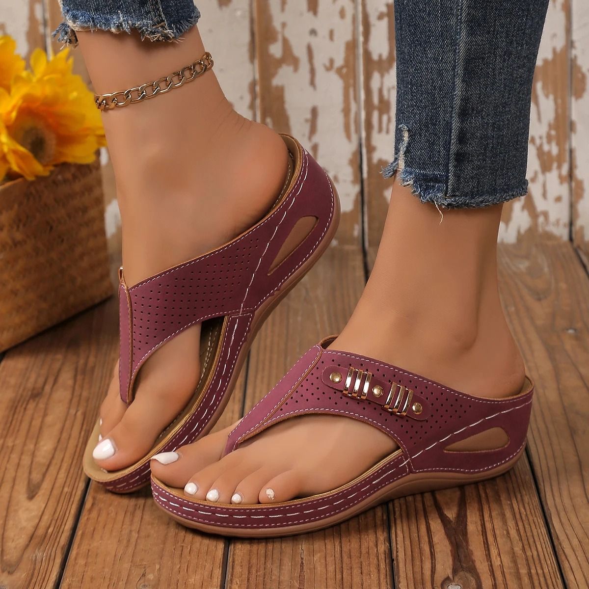 Women Leather Non Slip Soft Platform Sandal Orthopedic Flip Flops Summer Slides 10
