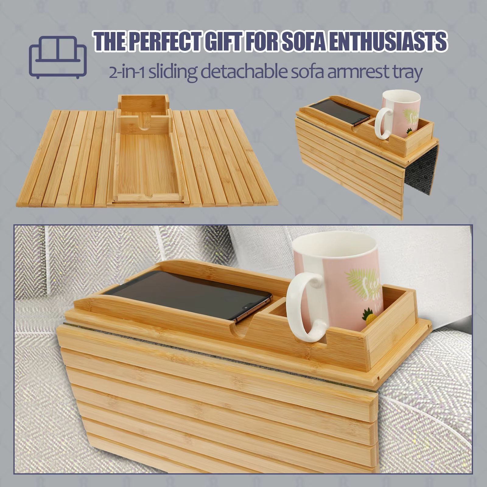 Bamboo Sofa Armrest Tray – Foldable Couch Cup Holder with Anti-Slip Design and Side Storage