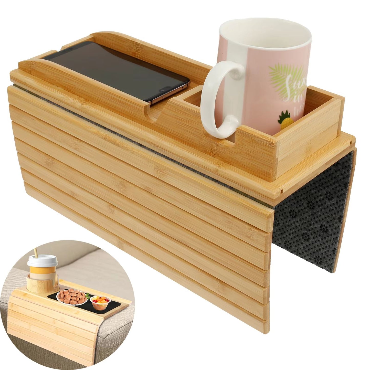 Bamboo Sofa Armrest Tray  Foldable Couch Cup Holder With AntiSlip Design And Side Storage 2