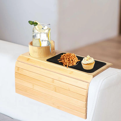 Bamboo Sofa Armrest Tray  Foldable Couch Cup Holder With AntiSlip Design And Side Storage 9