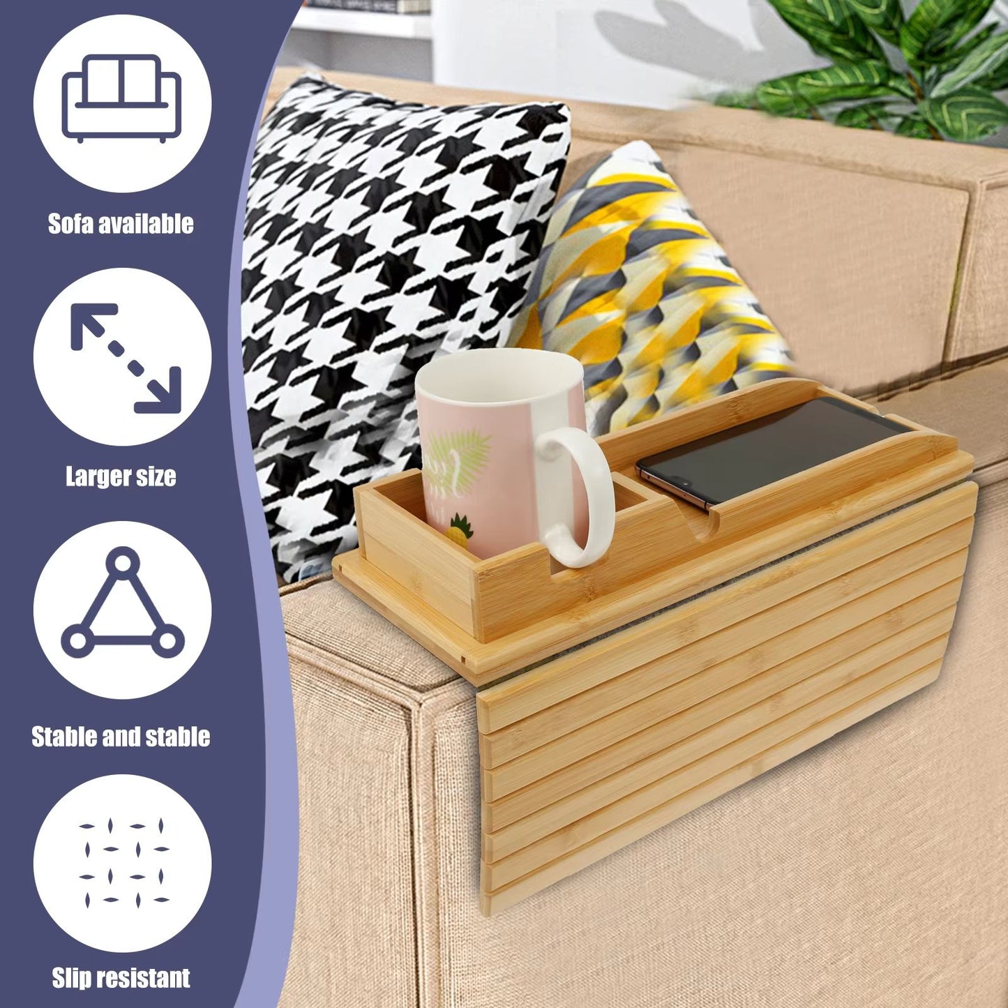 Bamboo Sofa Armrest Tray  Foldable Couch Cup Holder With AntiSlip Design And Side Storage 3