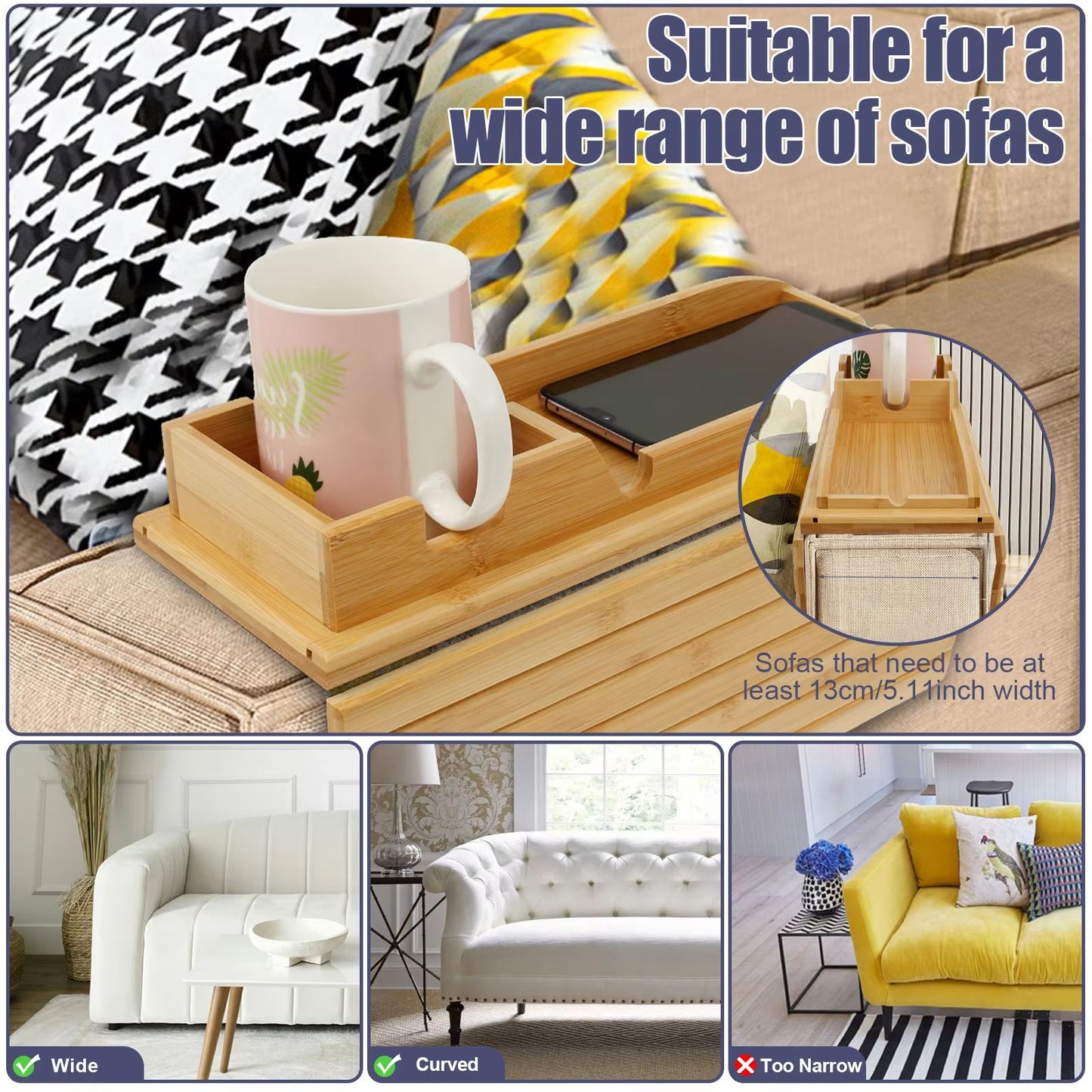 Bamboo Sofa Armrest Tray  Foldable Couch Cup Holder With AntiSlip Design And Side Storage 4